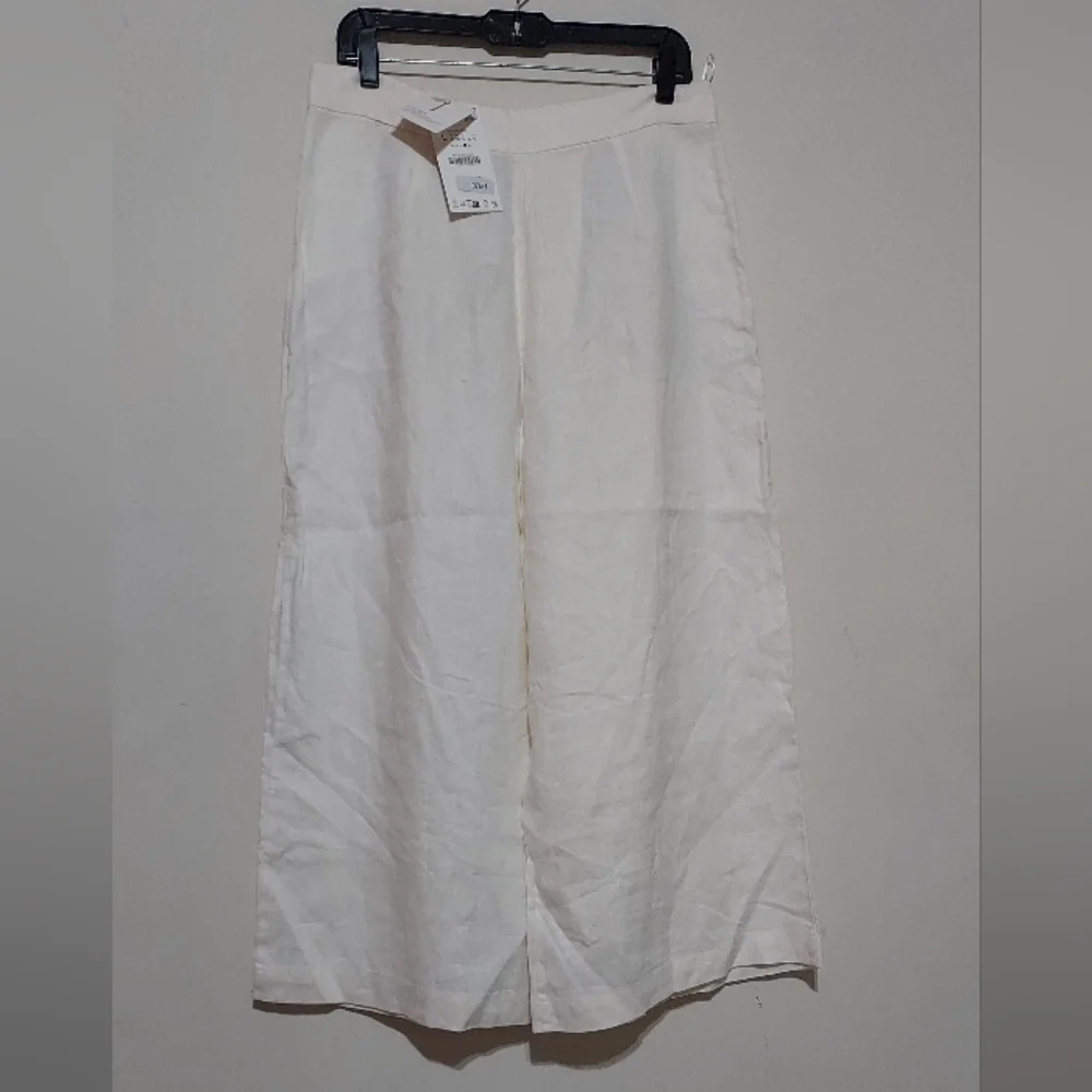 Zara Zw Collection 100% Linen Wide Leg Cream Cropped Pleated Pants Sz-L